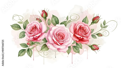 A watercolor illustration of a beautiful pink rose arrangement with lush green leaves and buds.