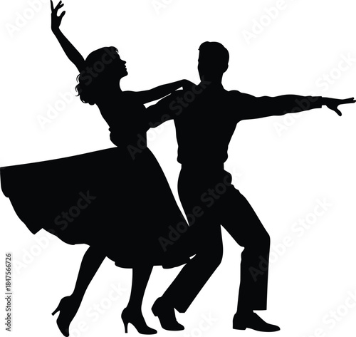 Elegant ballroom dance silhouette of romantic couple performing graceful waltz tango movement passion black vector illustration for stock design