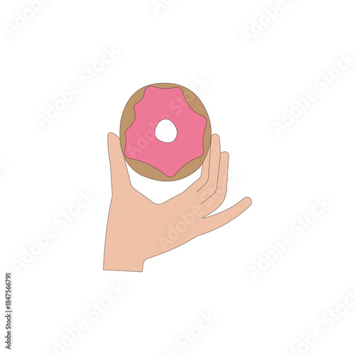 Hand holding a strawberry frosted donut vector illustration on white background