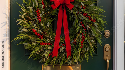 Elegant Holiday Wreath, Red Bow, Green Door