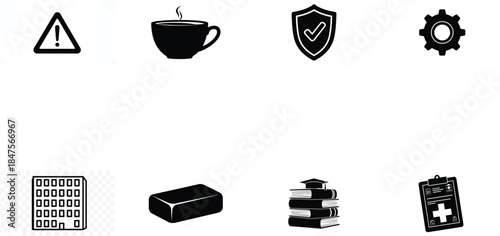 Illustration of set of eight black solid icons for warning, coffee, shield, gear, calendar, soap, books, and medical clipboard