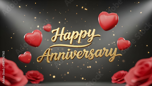 Golden script text wishes happy anniversary surrounded by floating red hearts and romantic roses below