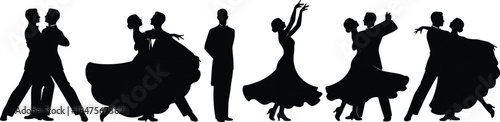 Elegant ballroom dance silhouettes collection featuring couples performing waltz tango choreography, romantic movement, classic costumes, isolated black vector illustration