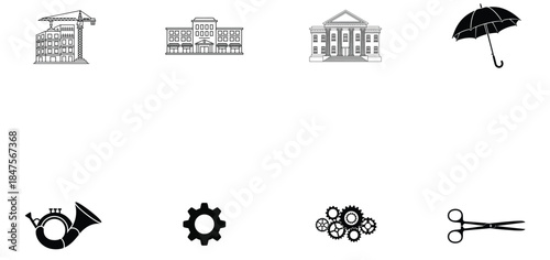 Illustration of set of black and white icons construction, cityscape, building, umbrella, horn, gear, gears, scissors
