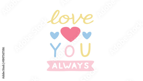 Valentine card with colorful hearts and love text on white background in cute style
