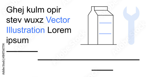 Packaging, tools, advertisement, learning, product design, repair. Minimalist composition showing a milk carton, text and wrench. Packaging and tools concept for product design and repair