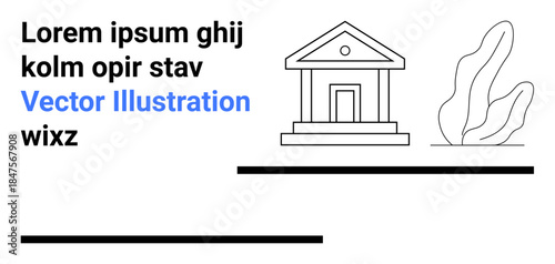 Education, government, architecture, minimalism, graphic design, branding. Line art of a building with trees and text areas. Education and government with a clean aesthetic