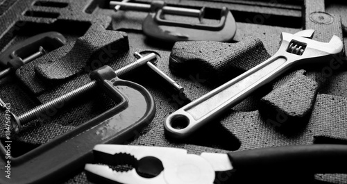 Cuadro en lienzo Angle View Of Screw Clamps, Pliers Adjustable Wrench In Special Case