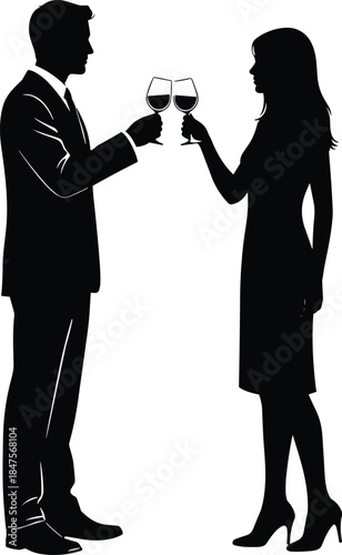 Elegant couple silhouettes clinking wine glasses celebrating romantic evening toast isolated on white background luxury vector illustration design
