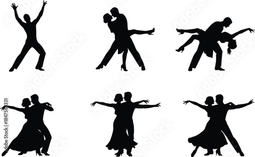 Elegant dancing couple silhouettes performing passionate tango movements expressing love romance ballroom relationship vector illustration isolated black white