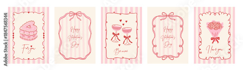 Set of vintage hand drawn frames with whimsical lines, bows, ribbons in coquette style. Vector elegant minimalist line art borders. Template for poster, banner, wedding invitation, birthday card.