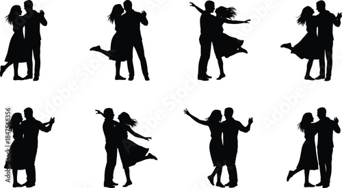 Elegant dancing couples silhouettes performing ballroom tango waltz poses isolated on white background vector illustration for romance celebration design