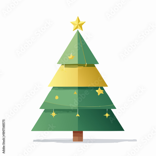 Festive Green Christmas Tree with Golden Star and Ornaments, Minimalist Flat Design Vector Illustration for Holiday Celebrations