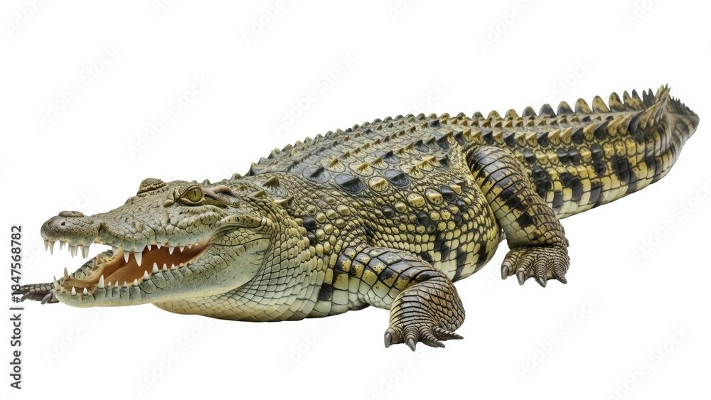 Naklejka premium Isolated Crocodilian Reptile Alligator or Crocodile on Plain Background, Jaws Open