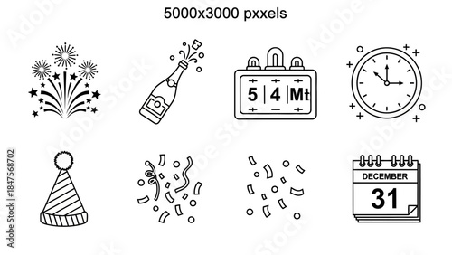 New year party celebrations set with fireworks, champagne bottle, flip calendar, clock, party hat, confetti and december 31 tear-off calendar vector design