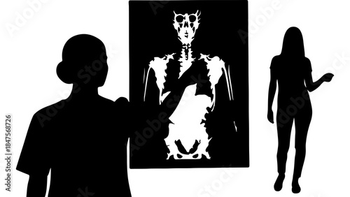 People viewing skeleton art with black silhouettes