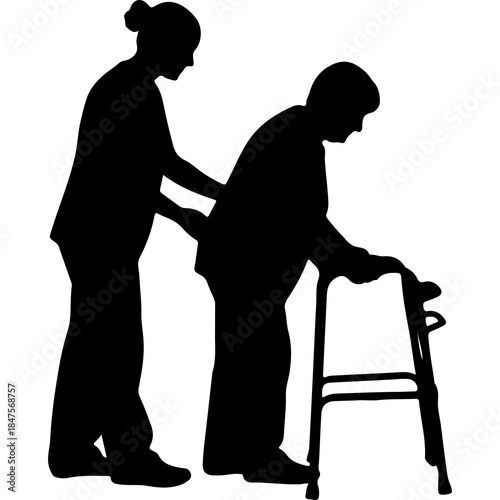 Caregiver assisting senior woman with walker with transparent background