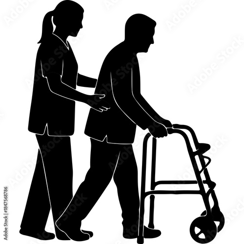 Caregiver assisting senior man with walker with transparent background