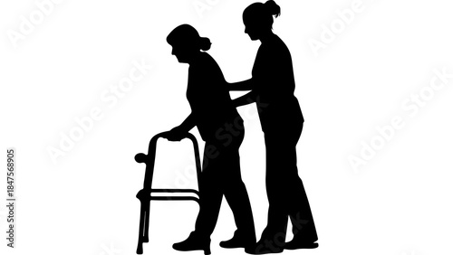Elderly woman assisted by caregiver with transparent background