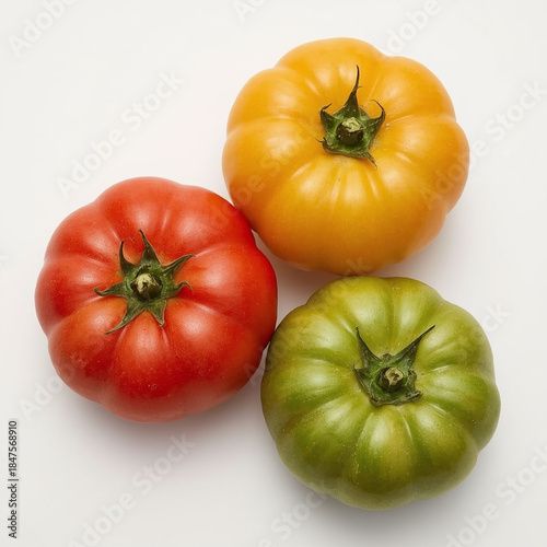 Red, yellow, and green tomatoes with vibrant hues and slight sheen, lying on a pristine white background, captured from a direct top view, rendered as a super realistic photo with intricate details