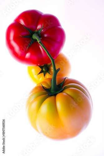 Red, yellow, and green tomatoes with vibrant hues and slight sheen, lying on a pristine white background, captured from a direct top view, rendered as a super realistic photo with intricate details