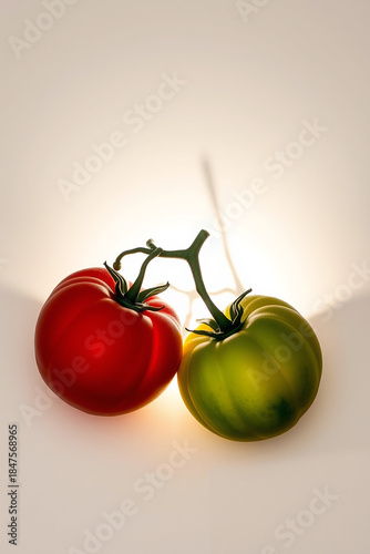 Red, yellow, and green tomatoes with vibrant hues and slight sheen, lying on a pristine white background, captured from a direct top view, rendered as a super realistic photo with intricate details