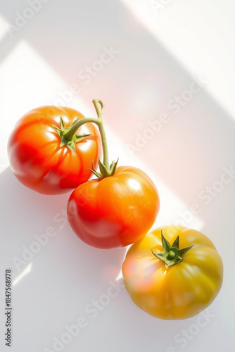 Red, yellow, and green tomatoes with vibrant hues and slight sheen, lying on a pristine white background, captured from a direct top view, rendered as a super realistic photo with intricate details