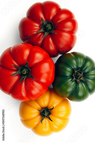 Red, yellow, and green tomatoes with vibrant hues and slight sheen, lying on a pristine white background, captured from a direct top view, rendered as a super realistic photo with intricate details