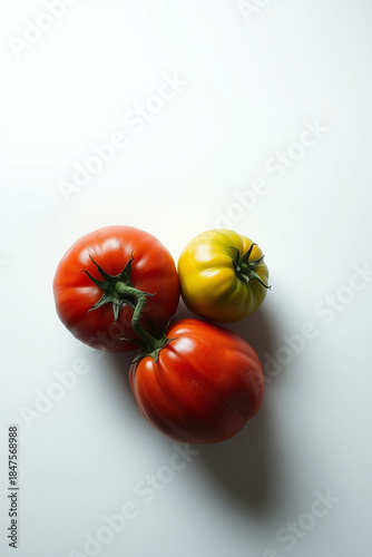 Red, yellow, and green tomatoes with vibrant hues and slight sheen, lying on a pristine white background, captured from a direct top view, rendered as a super realistic photo with intricate details