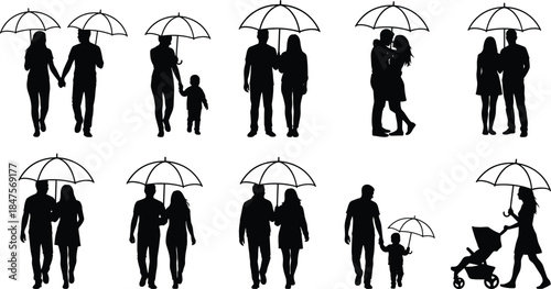 Family and couple silhouettes holding umbrellas in rain, romantic and parental moments, vector illustration set isolated on white background