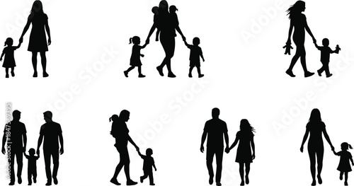 Family silhouette collection showing parents children walking together motherhood fatherhood parenting love care black vector illustration set for stock design