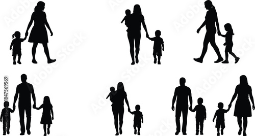 Family silhouettes of parents and children walking together motherhood fatherhood parenting care love black vector illustration set for stock design