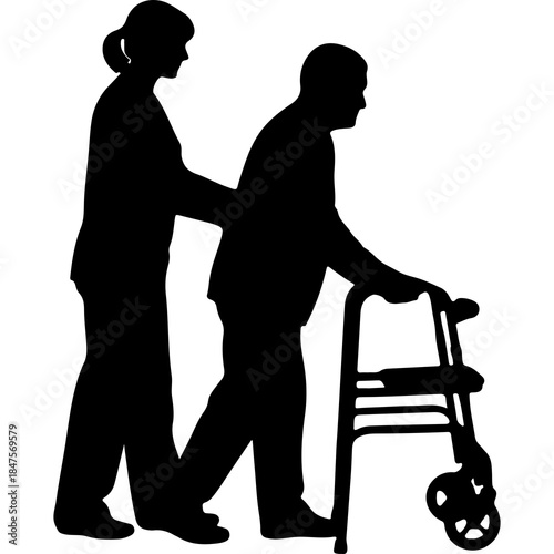 Caregiver assisting senior man with walker with transparent background