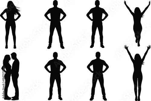 Human standing and celebrating silhouettes set showing men women couples confident poses isolated black vector illustration collection