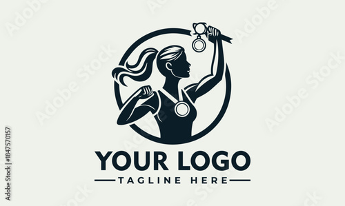 Female Athlete Holding Medals in Circle - Sports Vector Logo