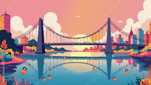 Love Lock Bridge at Sunset, Vector Illustration of Devotion and Commitment