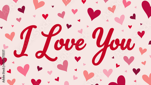Stylized I Love You Text Vector Illustration with Heart Pattern Background in Pink and Red