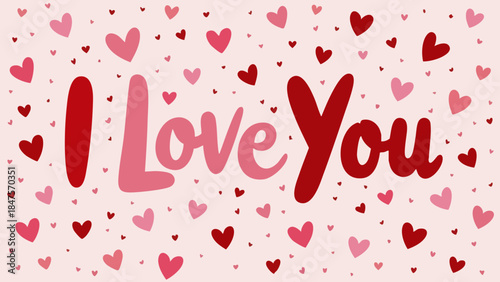 Stylized I Love You text with heart pattern background, flat vector illustration in pink and red