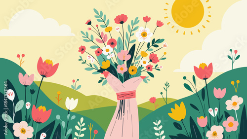 Minimalist vector illustration of a small bouquet of pastel wildflowers held loosely in a sun-drenched meadow