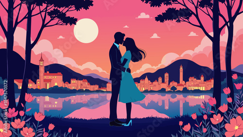 Romantic couple silhouette with cityscape background at dusk vector illustration
