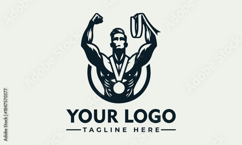 Powerful Bodybuilder Victory Pose Vector Logo Template Design for Sports and Fitness Brands - Achievement and Strength Icon