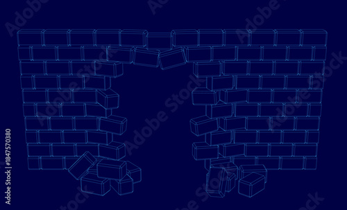 A partially destroyed brick wall with a rough texture and varied colors stands against a stark blue background, suggesting a digital wireframe model of construction.