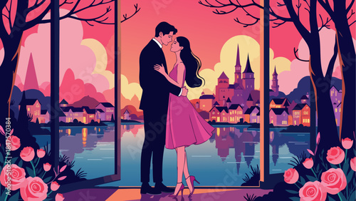 Romantic couple silhouette in deep magenta against a cityscape at dusk, modern vector illustration