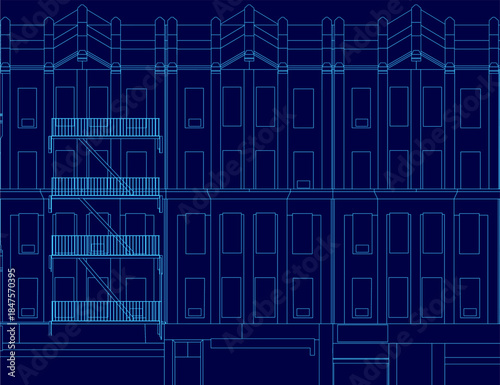 A detailed architectural blueprint highlights a city building's contour, featuring numerous windows and balconies for a comprehensive structural view.