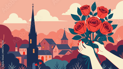Ruby Red Rose Bouquet Against Romantic Cityscape Silhouette Vector