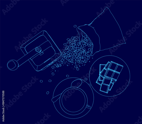 A minimalist blue background features a contour drawing of a coffee cup and beans, alongside chocolate and brewing tools. This flat design illustrates the coffee-making process. Top view