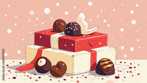 Elegant Stacked Chocolate Box Illustration in Scarlet and Ivory with Polka Dots