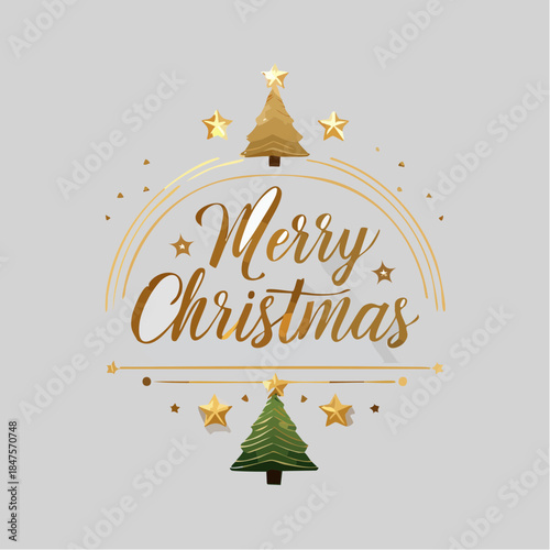 Festive Merry Christmas typographic design with elegant gold accents and minimalist Christmas trees, perfect for holiday greetings and decorations
