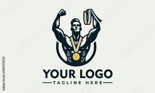 Fitness Champion Silhouette Logo with Medal Vector - Bold Bodybuilder Emblem for Sports and Health Brands