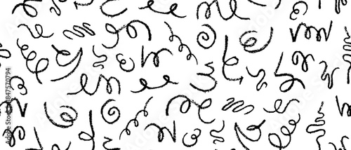 Grunge black seamless pattern with doodles, scribble shapes with chalk, charcoal texture. Hand drawn funky squiggle lines in crayon style. Freehand print vector illustration on transparent background